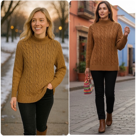 ST. JOHN BAY Tan Wool Blend Chunky Cable Knit Mock Neck Sweater Cozy Size Large - Picture 6 of 17